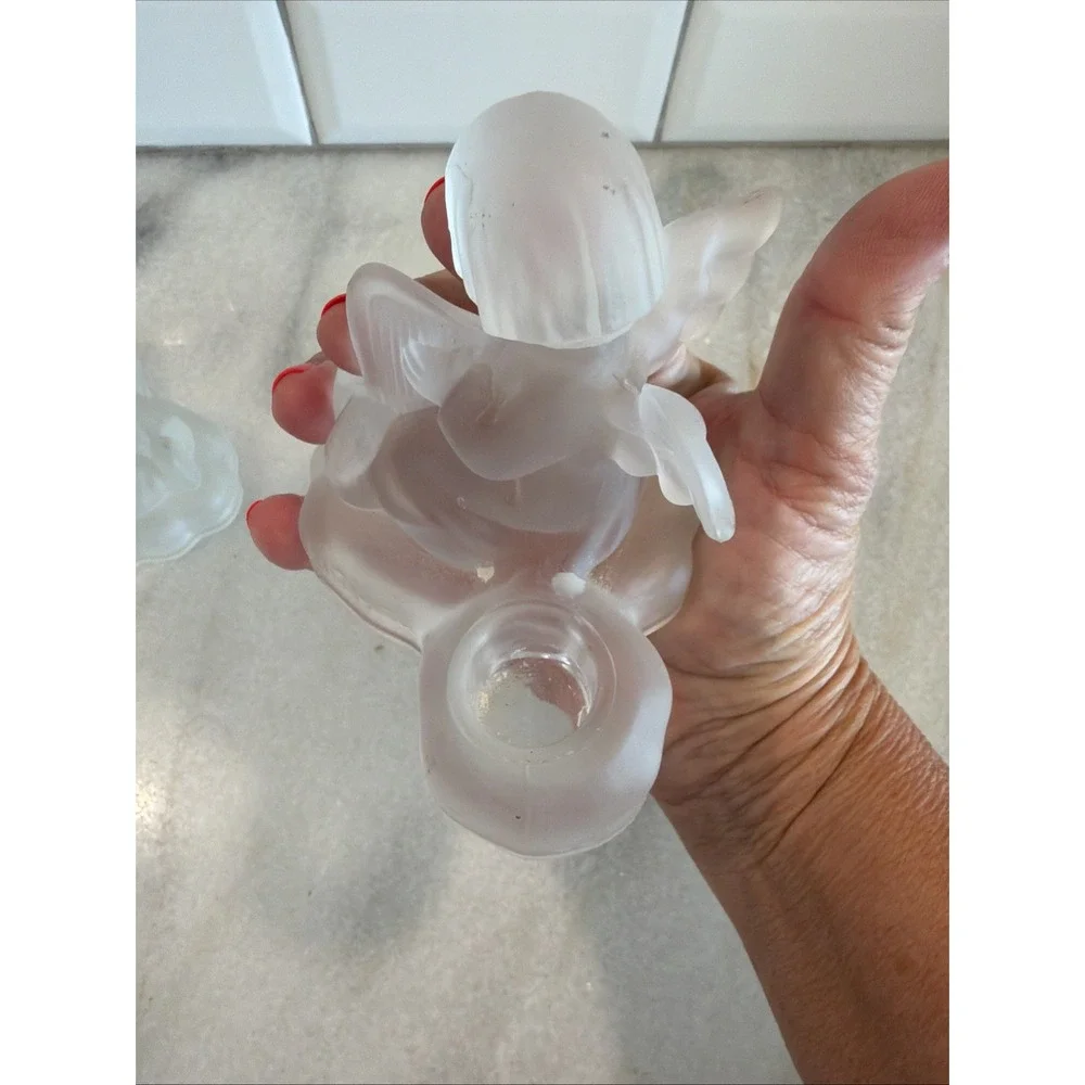Set Of 2 Vintage 1995 MJ Hummel Frosted Crystal Glass Candle Holder Angel Avon 2